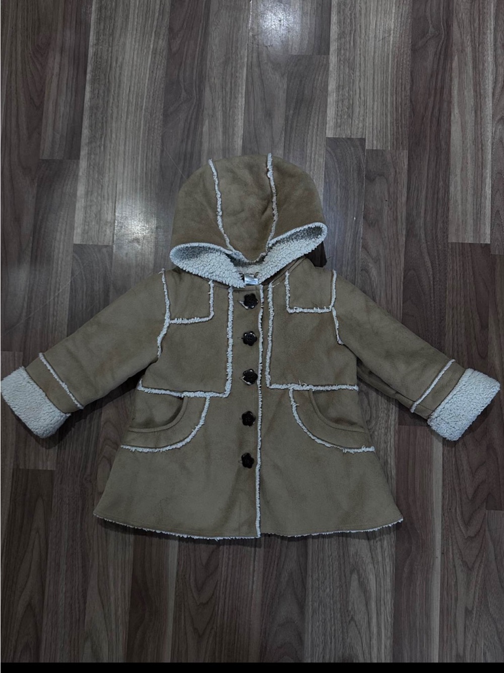 George Kids Hooded Faux Shearling Coat in Tan with White Trim